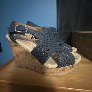 Jellypop Blue and Tan Wedge Sandals with Cork Heel